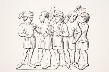 Artesãos, reprodução de uma miniatura em um manuscrito do século XIV, de "Le Moyen Age et La Renaissance", de Paul Lacroix (1806-84), publicado em 1847